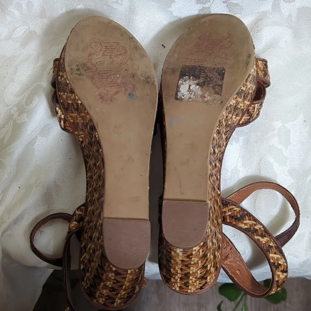 Lucky Brand Brown and Tan Raffia Wicker Wedges Sandals